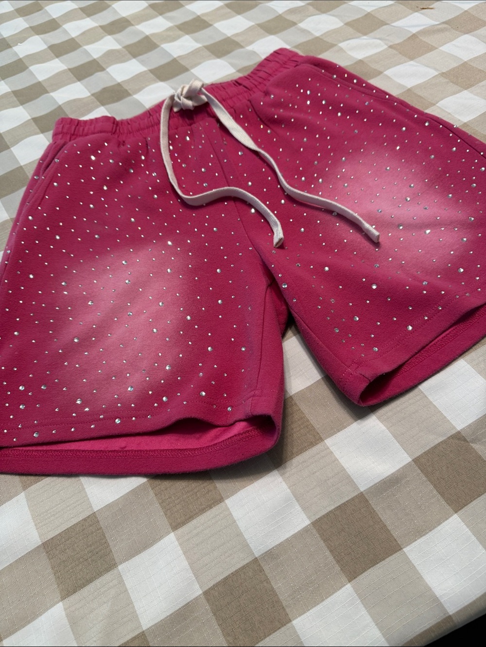 ROMWE Hot Pink Rhinestone Drawstring Athletic Shorts